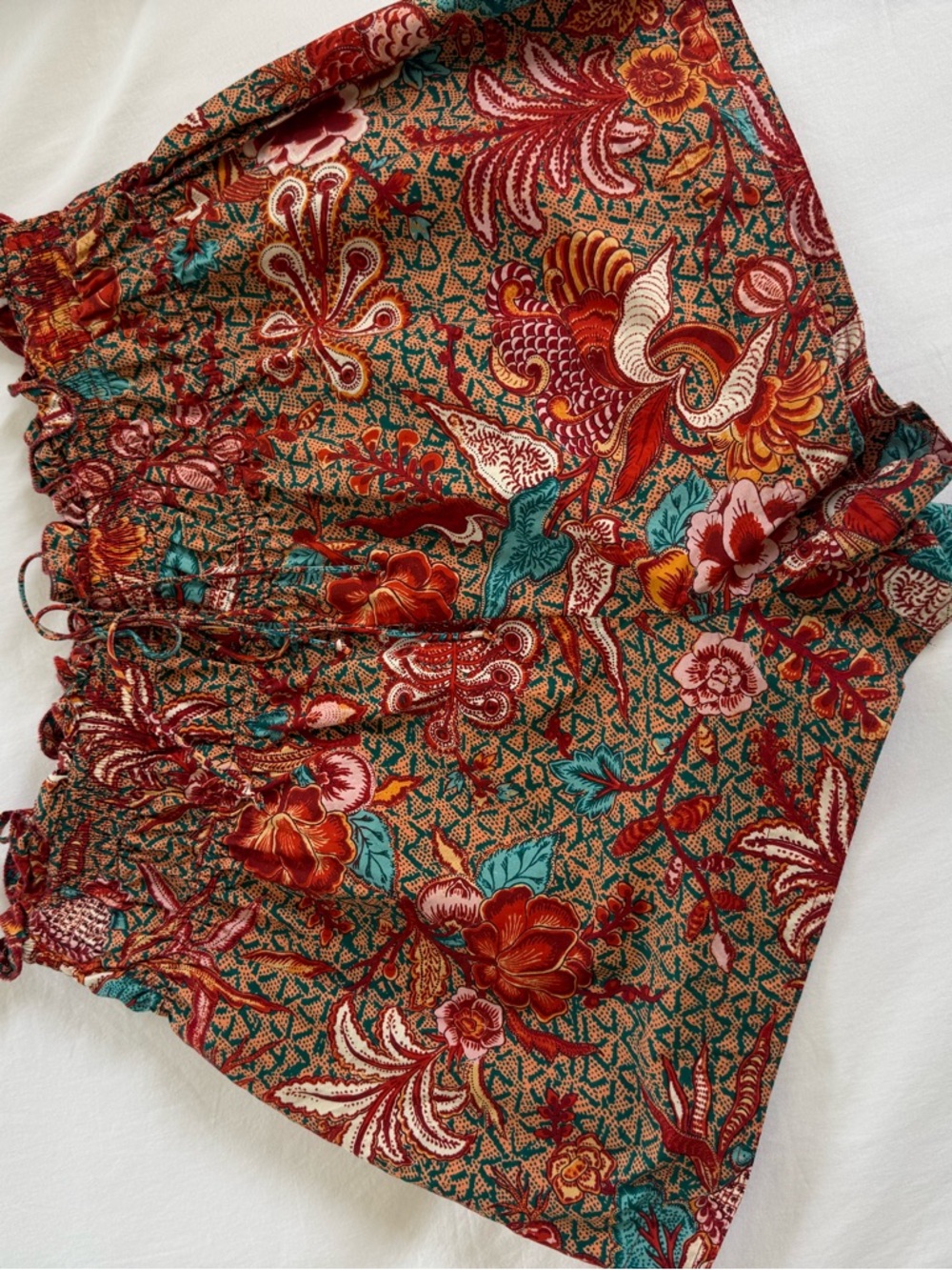 Ulla Johnson Rylan Printed Smocked Waist Shorts - Turquoise & Rust - Picture 3 of 6